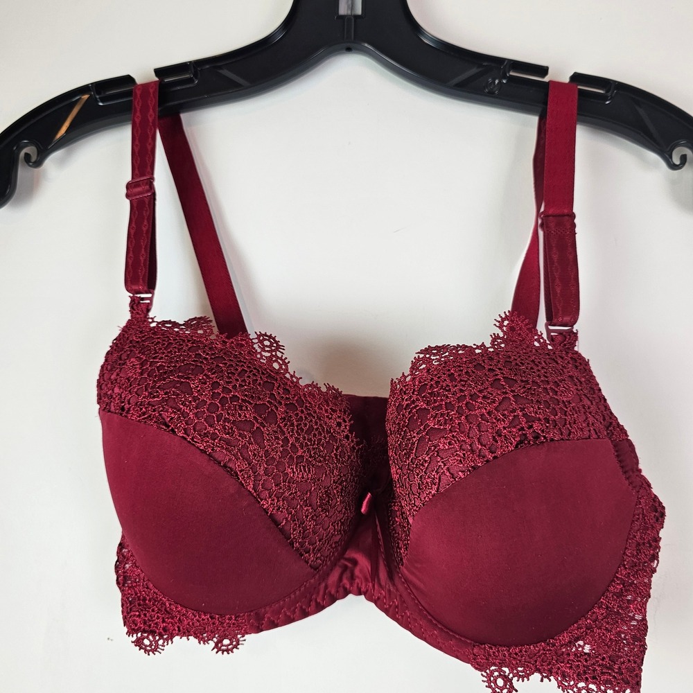 Burgundy Red Lace Push Up Bra Padded Underwire Floral Trim 85B 38B - Picture 1 of 7